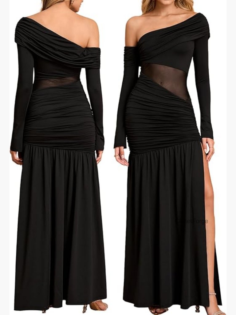 One Shoulder High Slit Maxi Dress Ruched Bodycon Cutout Long Sleeve Formal